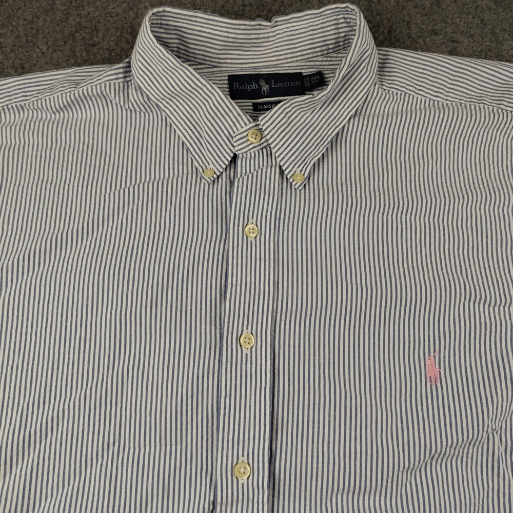 Ralph Lauren Button Down Shirt Mens 2XB Classic Seersucker Stripe Blue EUC